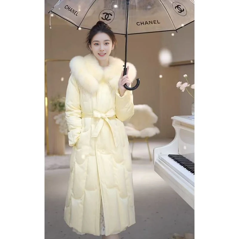 大牌断码【真狐狸毛】时尚双层毛领长款加厚保暖2024冬季新款修身白