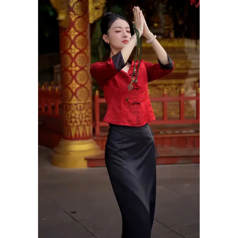 新中式国风禅意改良唐装上衣别致好看红色盘扣衬衫黑色半身裙套装