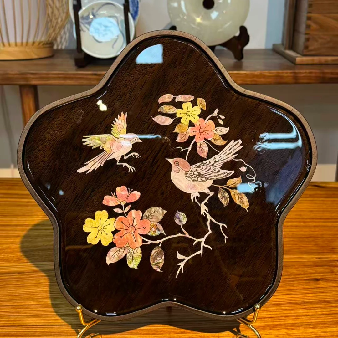 龙福木艺 金丝柚木 大梅花 螺钿壶承 28.28.2cm 285