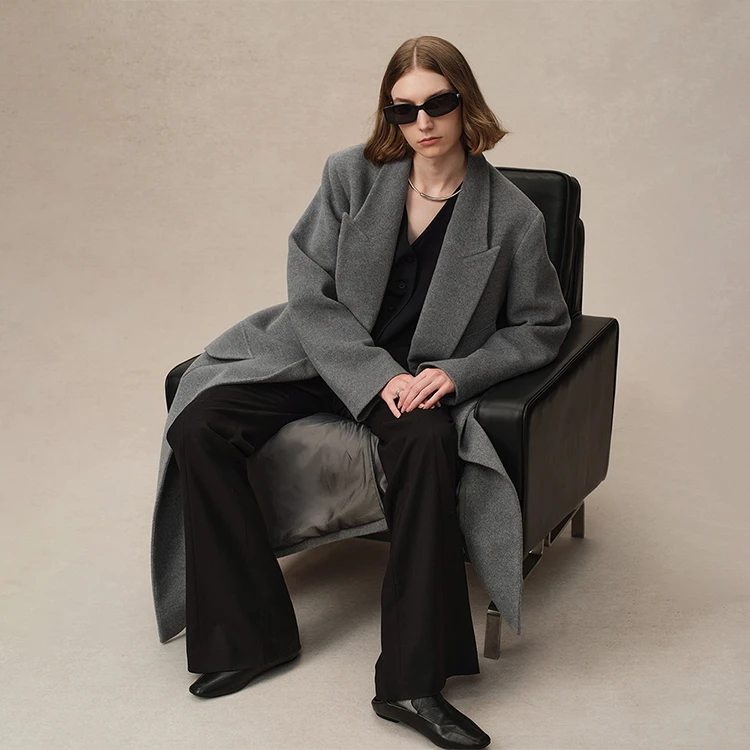 【贤哥专享】Fabrique灰色绵羊毛单面呢戗驳领宽肩腰带长款大衣