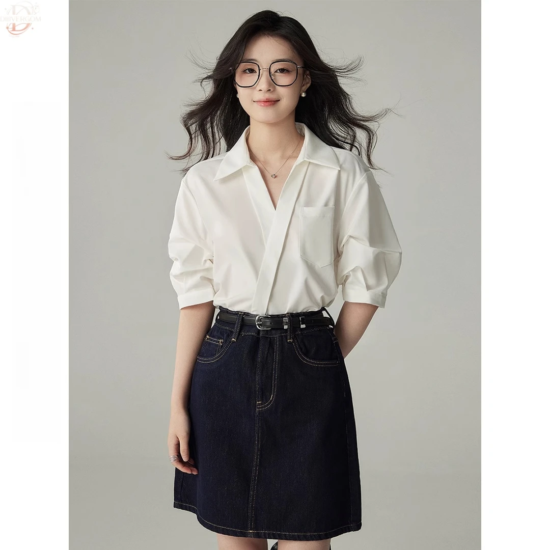 DIIIVERGOM夏季新款法式高级感衬衫慵懒风气质减龄V领女短袖上衣