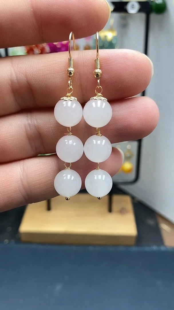 银S925镀金镶嵌和田玉耳饰尺寸10mm连珠