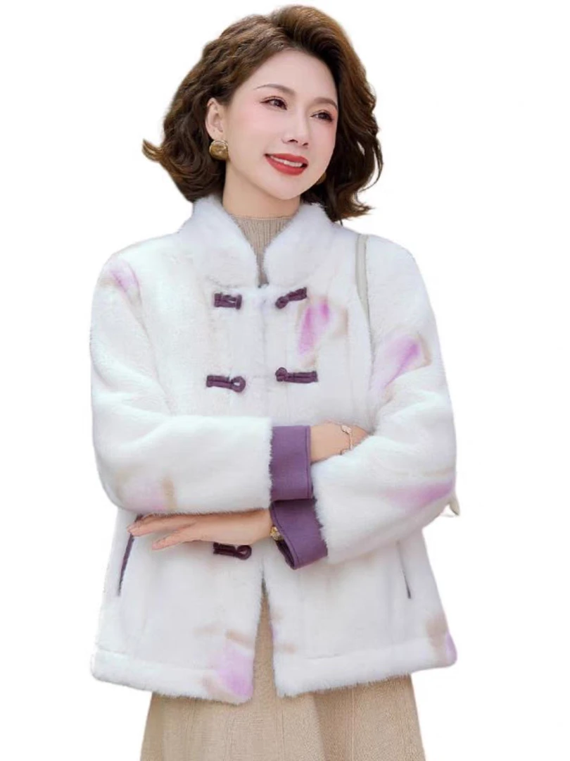 人造皮草 新中式外套女短款新款国风中年妈妈一体加厚上衣