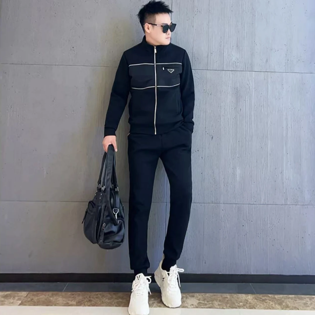 欧货高品质立领休闲运动套装男春秋时尚百搭开衫外套束脚裤一整套