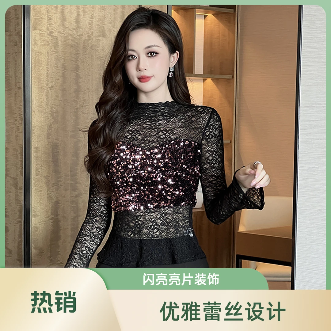 2025春季新款女装纯欲风性感蕾丝拼接亮片上衣半高领打底T恤91459