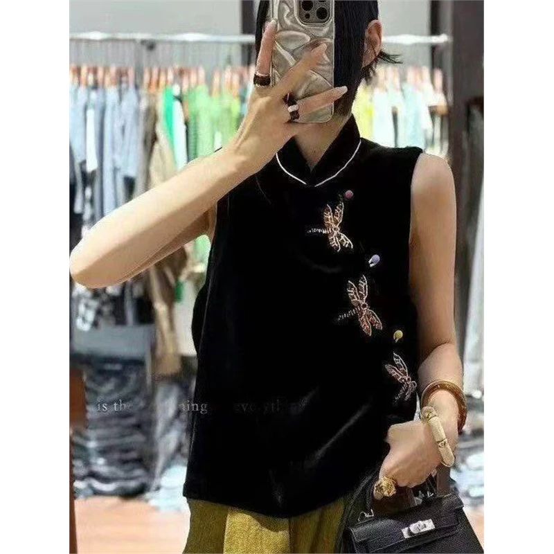 新中式国风复古立领背心马甲女春秋撞色减龄洋气蜻蜓钉珠丝绒坎肩