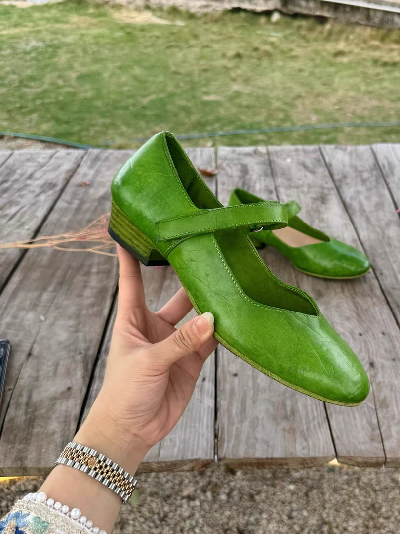 欢哥手工水洗马皮2025新款玛丽珍鞋女一字带绿色单鞋