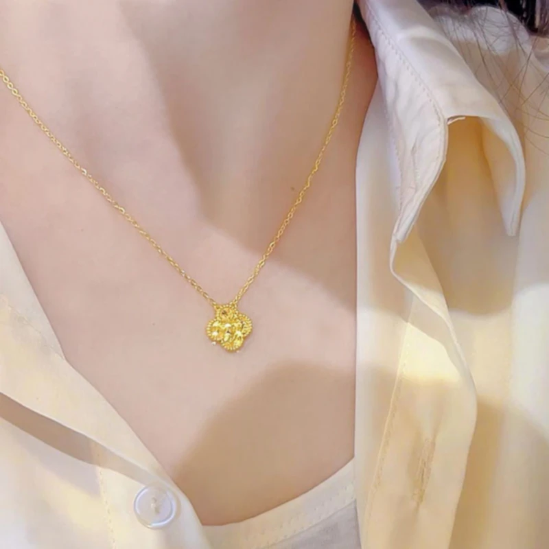 钛钢项链 四叶草碎碎冰项链女镀黄金色爆闪鱼鳞幸运草龙鳞礼物潮