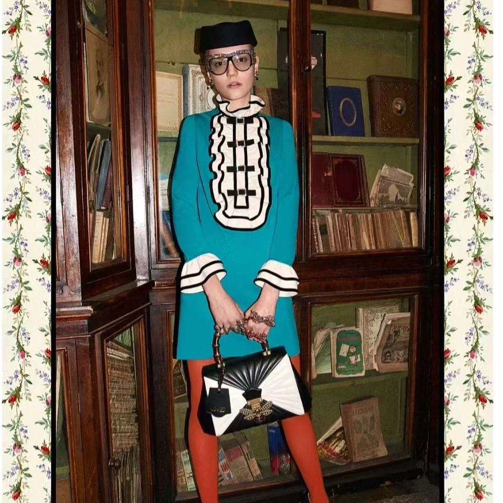 99新 GUCCI/古驰 GUCCI湖绿色宫廷连衣裙