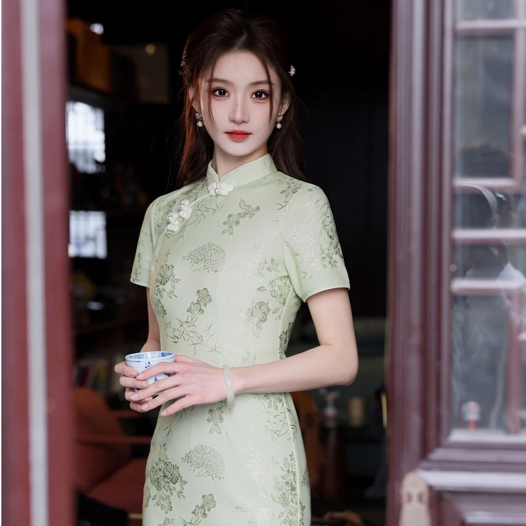 【绿荺】2025新款夏季显瘦绿色旗袍复古气质连衣裙日常可穿