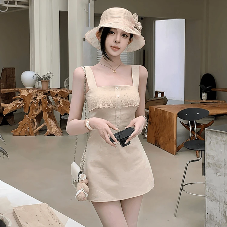 千金风甜美短裙夏季收腰显瘦设计感蕾丝拼接法式气质贵气感连衣裙