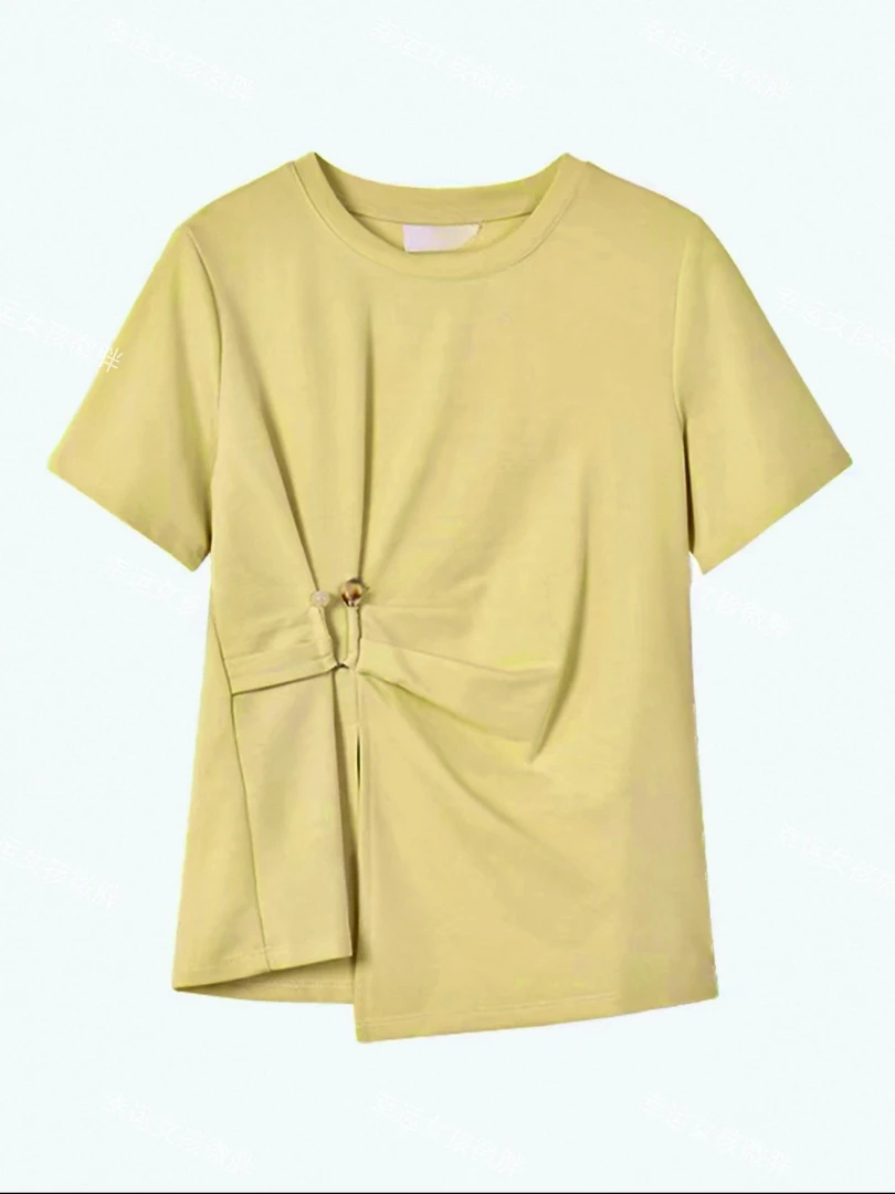 大码设计感小众开叉短袖T恤不规则遮肚子显瘦穿搭上衣洋气衣服女