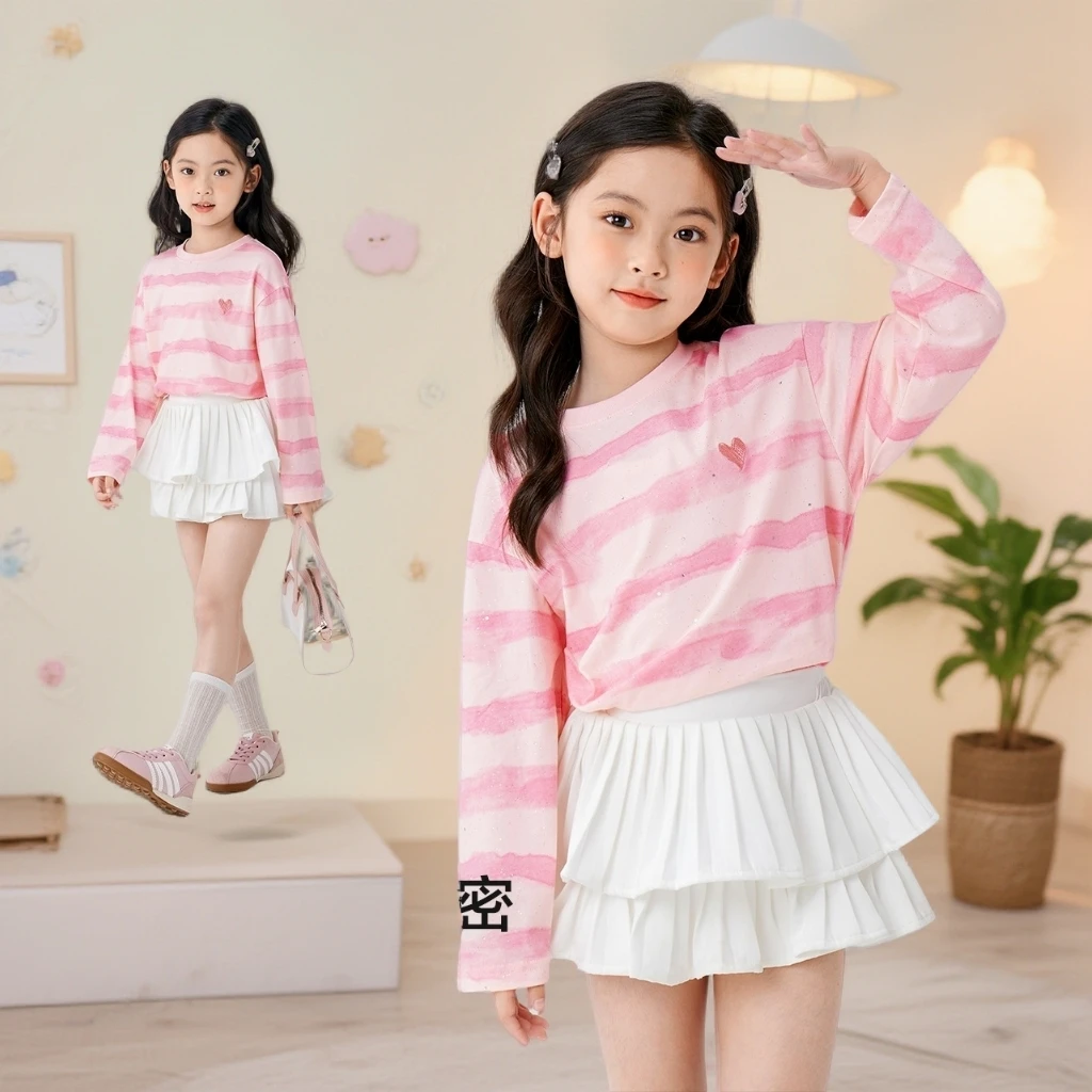 女童条纹长袖T恤打底2025新款上衣秋装洋气小学生春秋款
