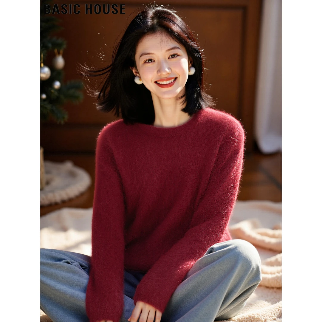 Basic House/百家好圣诞红圆领兔毛软糯毛衣女2025冬季保暖针织衫