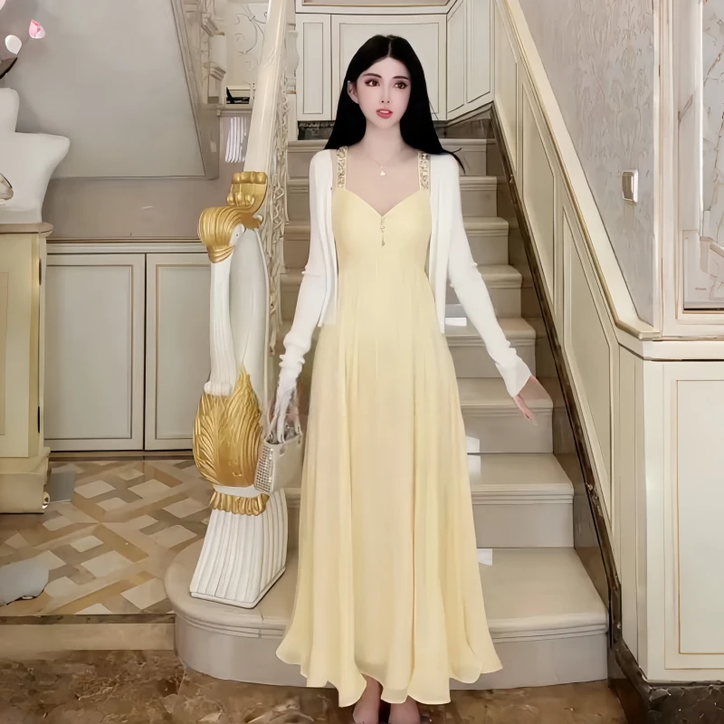 重工宴会连衣裙显瘦气质轻奢法式小众修身名媛重工吊带大摆A字裙