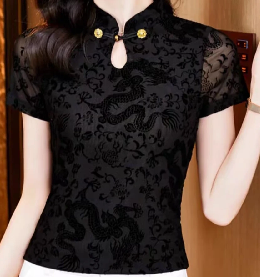 黑色新中式中国风中式洋气性感百搭打底蕾丝春夏秋冬装立领