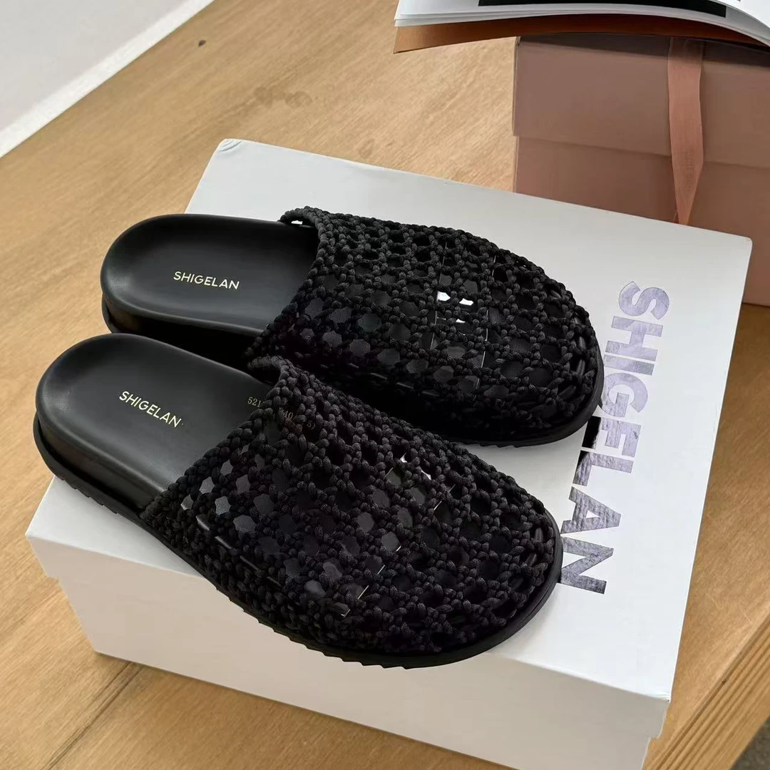 诗歌兰女鞋2025真皮编织复古包头懒人拖鞋5217-2