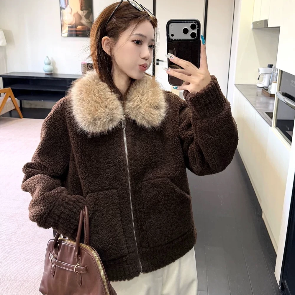 温柔风毛领毛毛外套女秋冬韩系高级感休闲百搭拉链保暖针织上衣