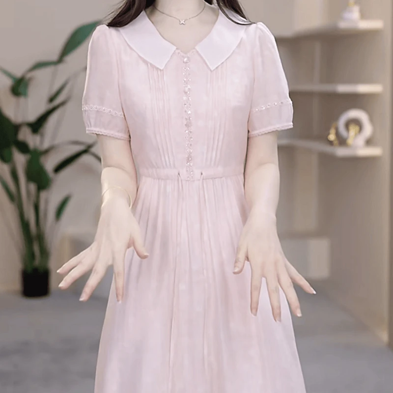 2025夏季新款时尚气质高端优雅减龄休闲百搭收腰遮肚中长款连衣裙