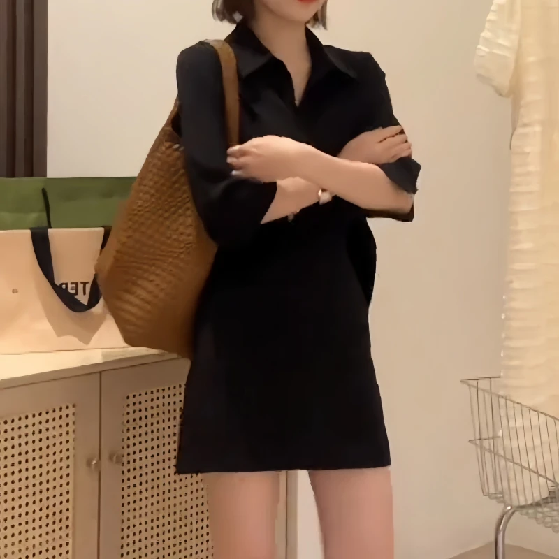 秋季时尚风法式衬衫连衣裙温柔系气质款收腰显瘦设计感小众小黑裙