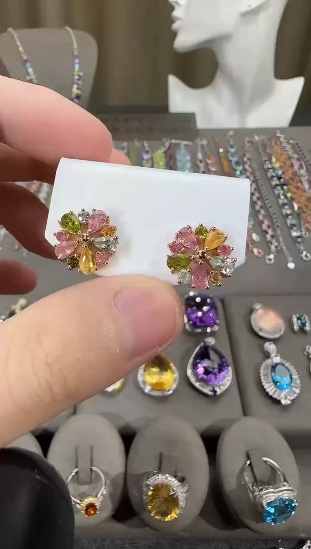 银S925镶嵌耳饰碧玺13mm耳钉繁花设计款多样性发一