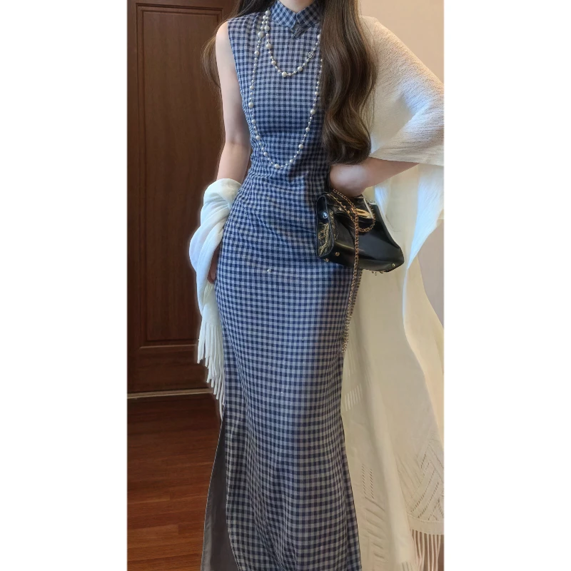 【暮云】新中式国风深灰色蓝色格纹无袖改良旗袍连衣裙气质长裙9251
