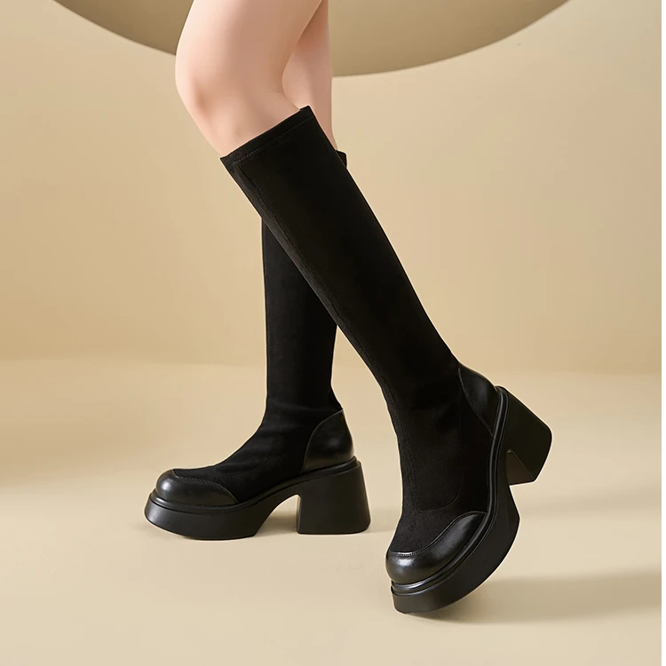 骑士靴女2024秋冬新款黑色皮靴高筒长筒长靴不过膝靴子6901-2
