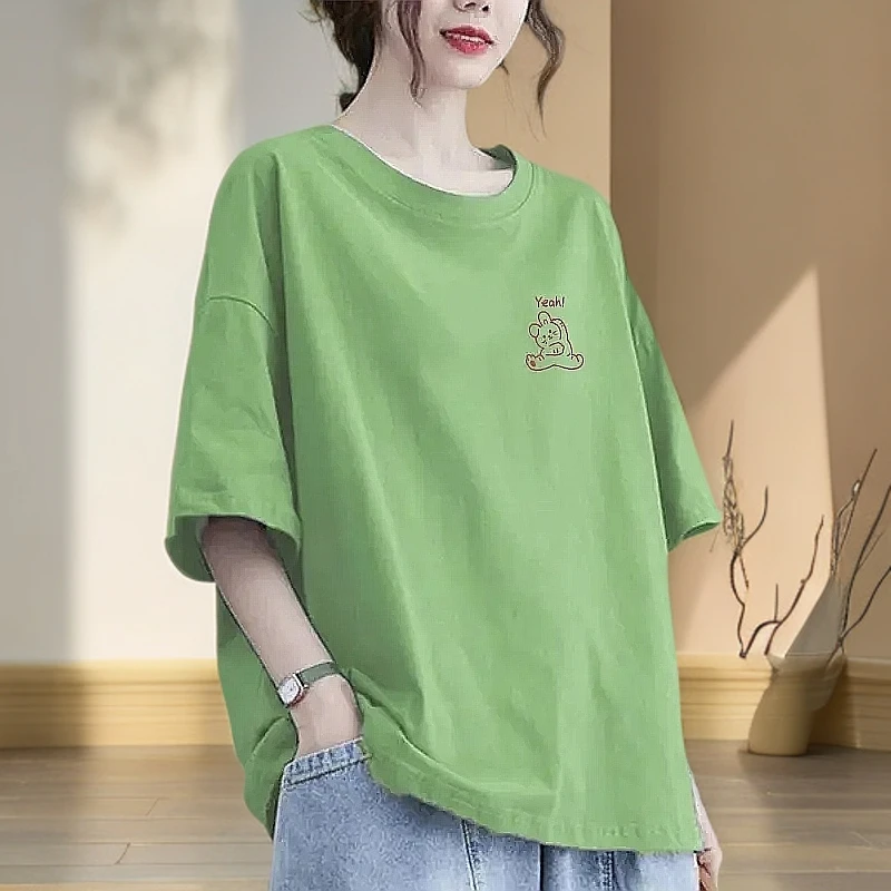 夏季大码宽松纯棉短袖T恤女休闲遮肚显瘦简约印花圆领半袖上衣女