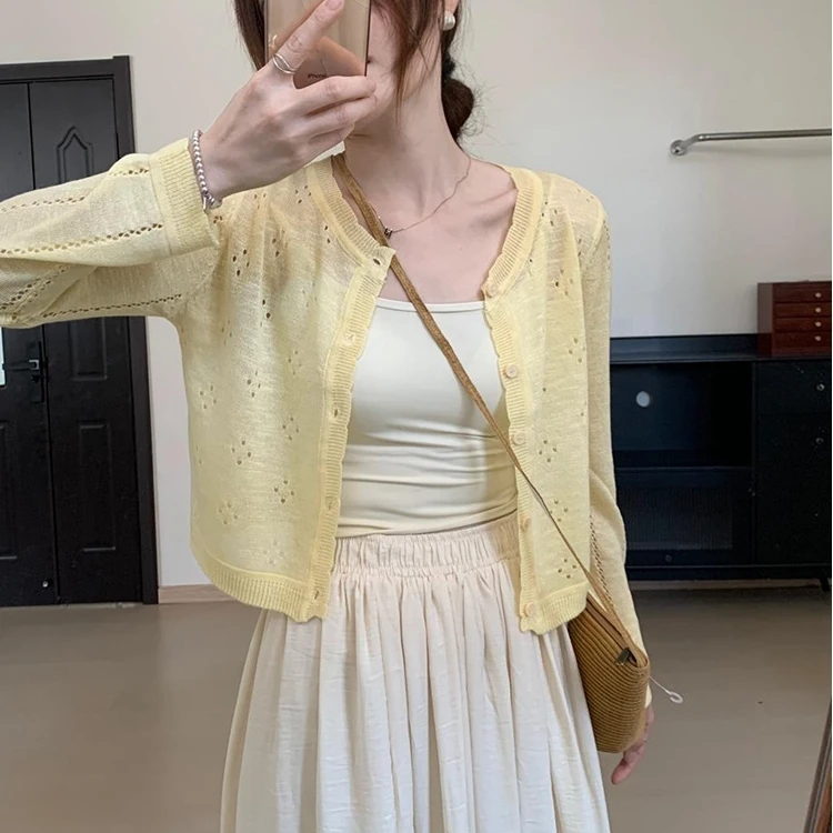 黄色镂空冰丝针织防晒开衫薄款外套女夏季配吊带裙子外搭罩衫上衣