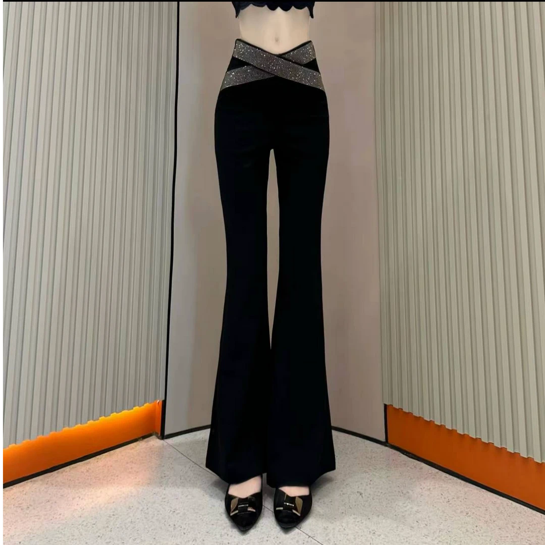 【美丽】修身高腰喇叭裤烫钻休闲裤超模裤休闲微喇叭微喇裤阔腿女