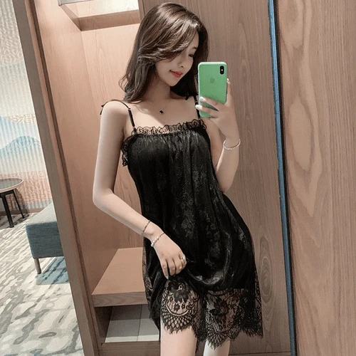 蕾丝吊带睡裙女冰丝性感法式夏天睡衣女夏季男友内衣家外出家居服