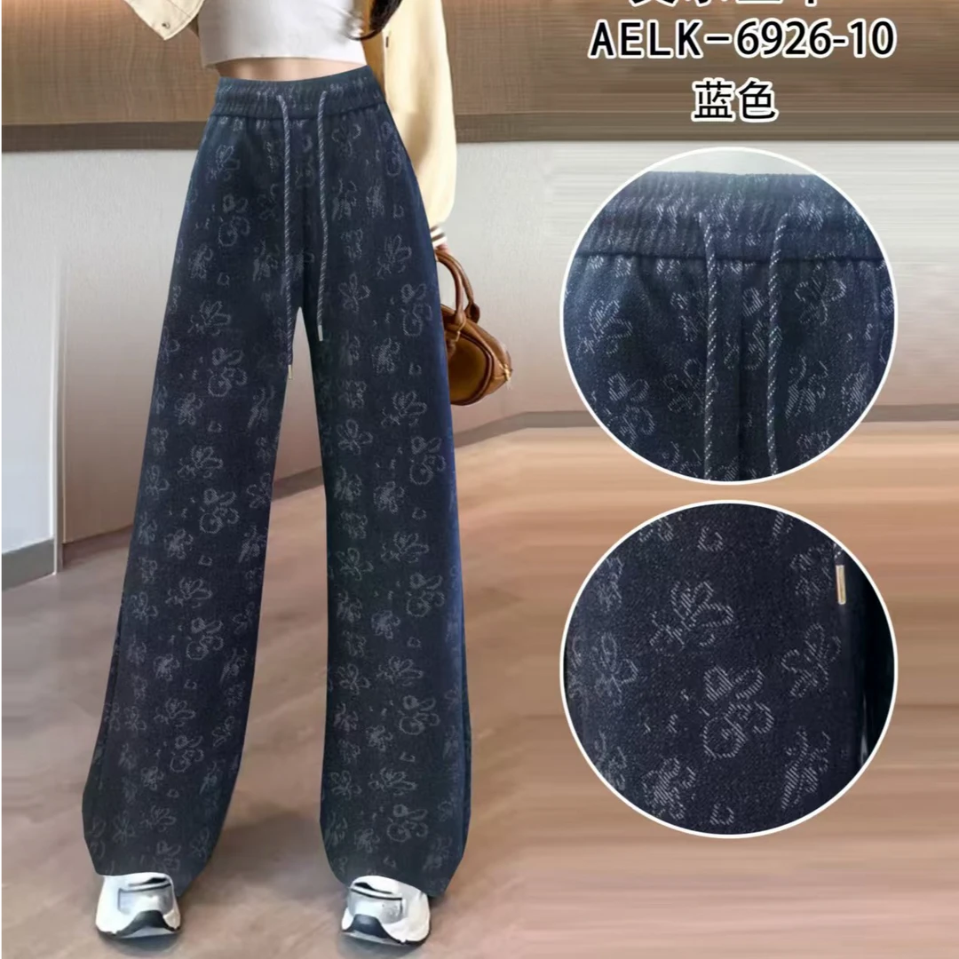 重工设计师阔腿裤女秋季长裤高腰印花休闲裤复古蓝色牛仔裤