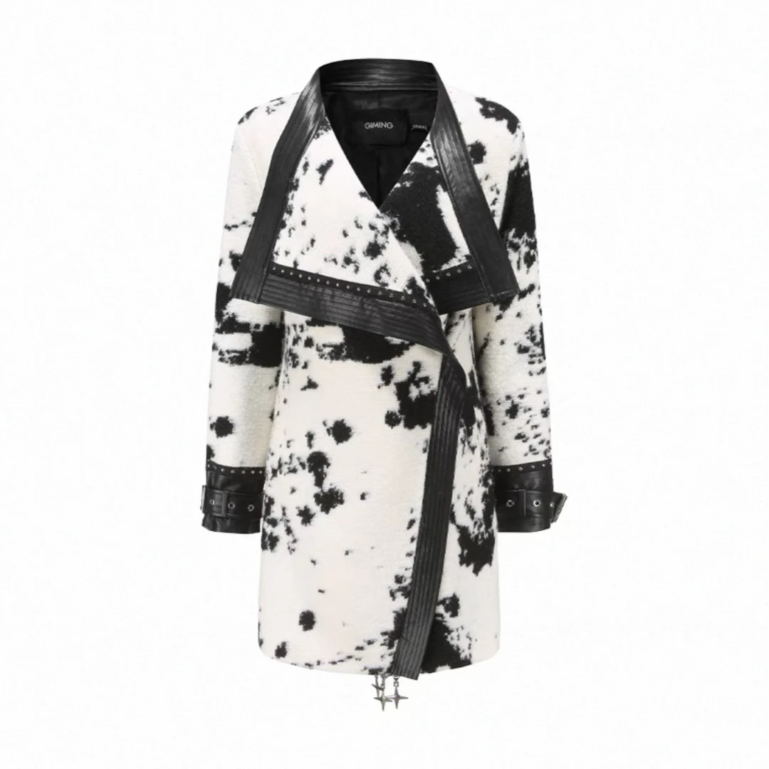 GIMING大翻领撞皮腰带收腰时尚大衣女