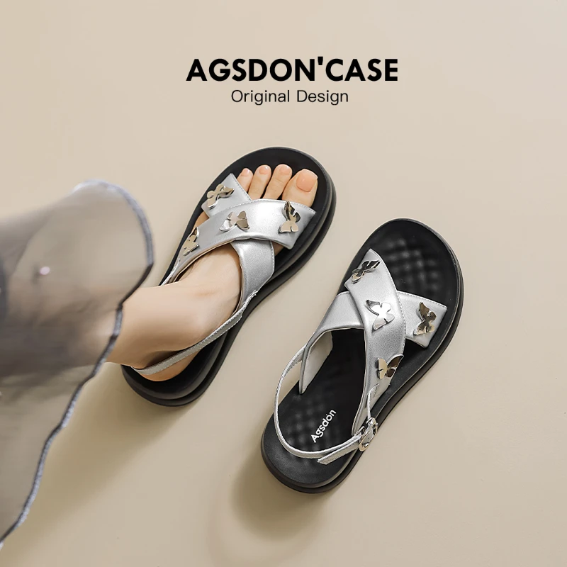 342203蝴蝶凉鞋女款新款夏季外穿罗马厚底银色休闲沙滩凉拖