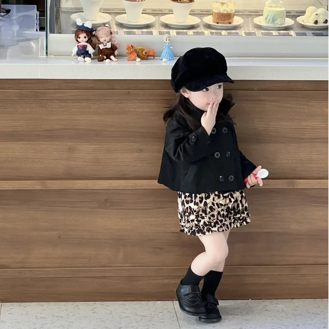 壹妈韩版童装女童秋装套装洋气儿童时髦百搭复古黑色外套豹纹半裙