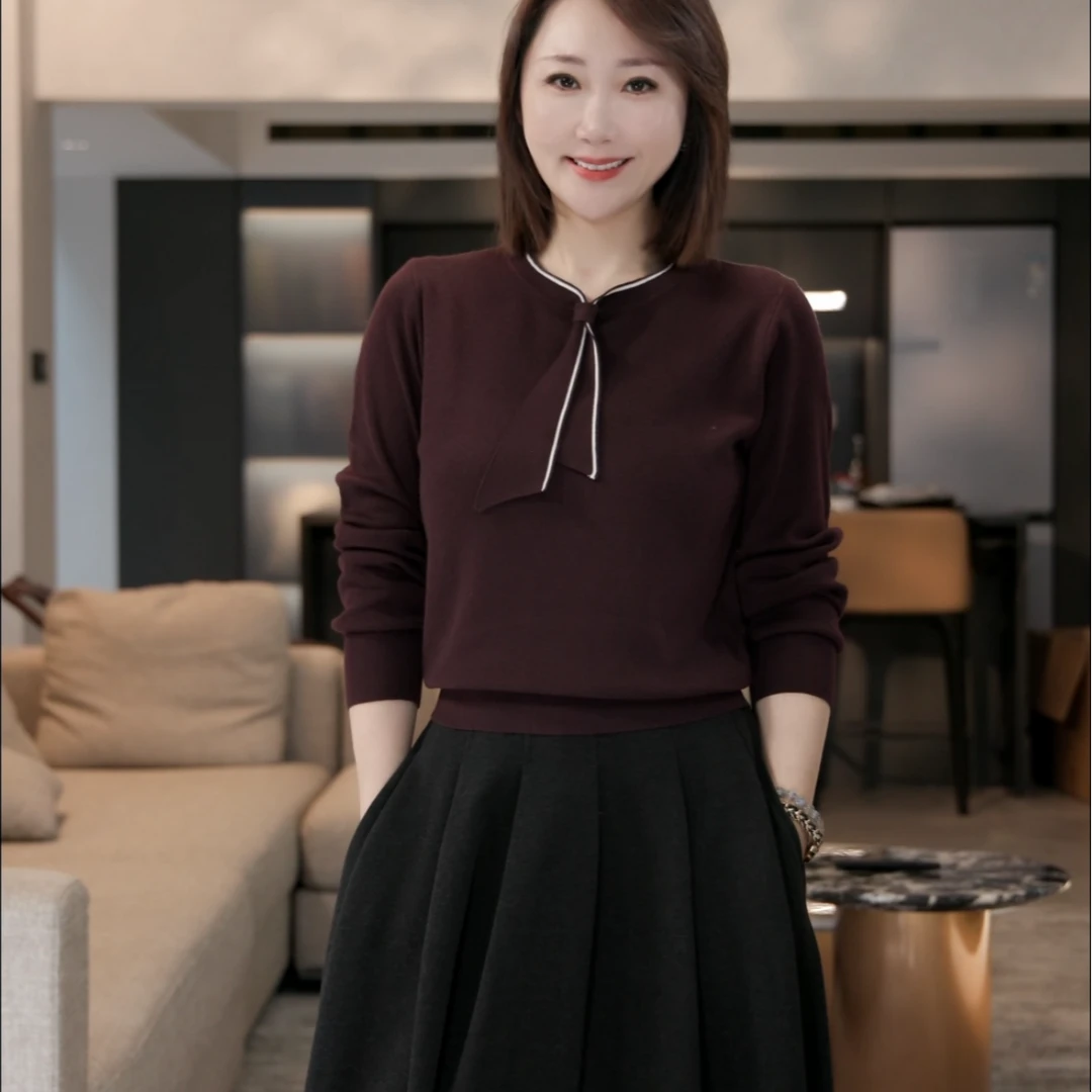 冬季毛针织衫小个子洋红针织撞色上衣气质宽松毛衣JH11590