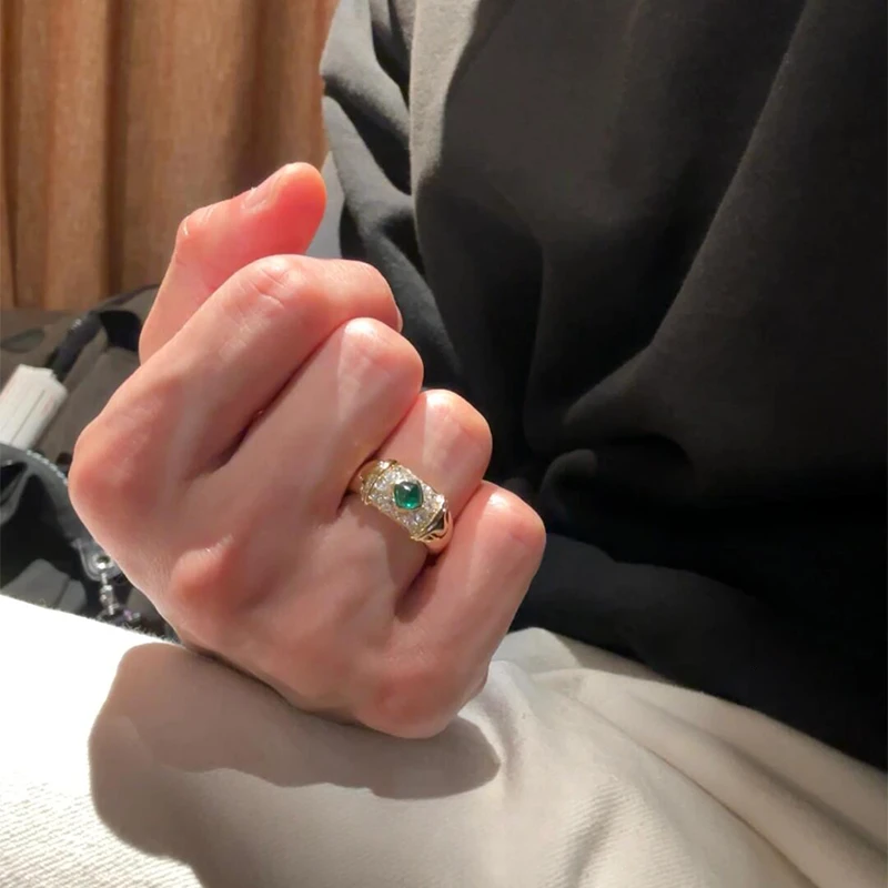 铜合金戒指 中古宝石绿锆石重工戒指vintage轻奢高级感指环男女