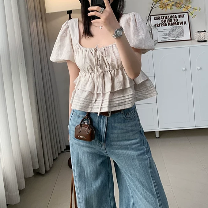 宝丫轻奢  T女式复古浪漫方领条纹泡泡短袖衬衫上衣K2962