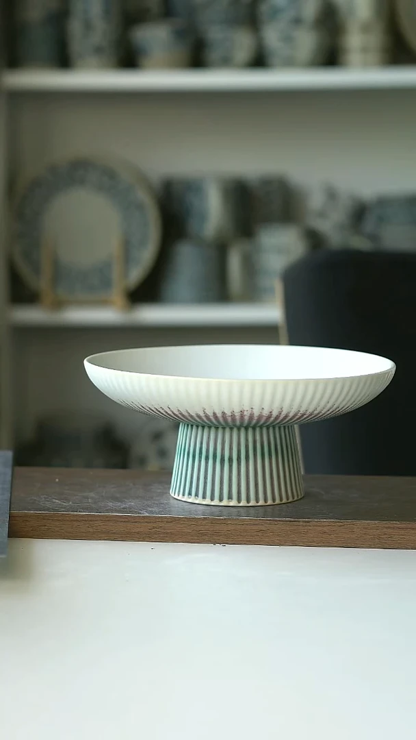 窑变青绿白高足果盘18cm @4-2@