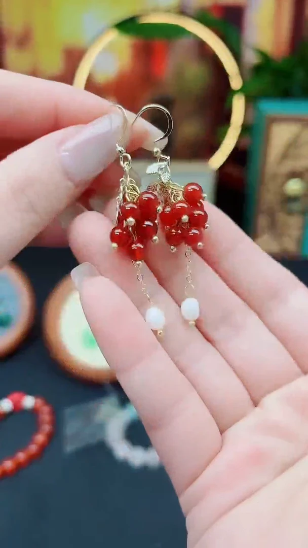 南红玛瑙银S925镶嵌耳饰W01