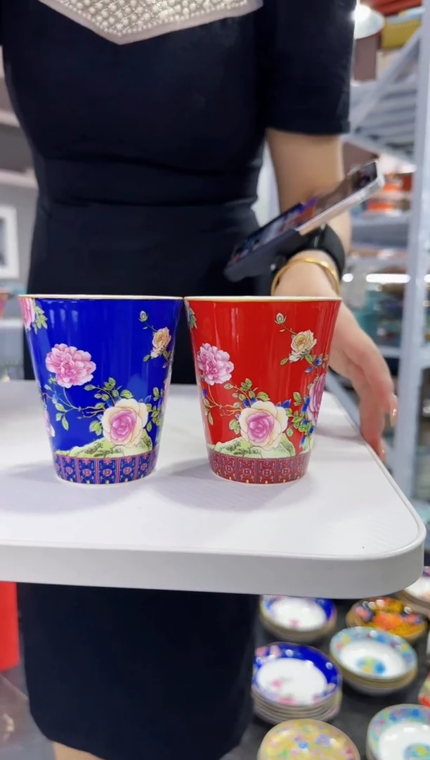 珐琅 牡丹花卉杯子2只装景德镇陶瓷