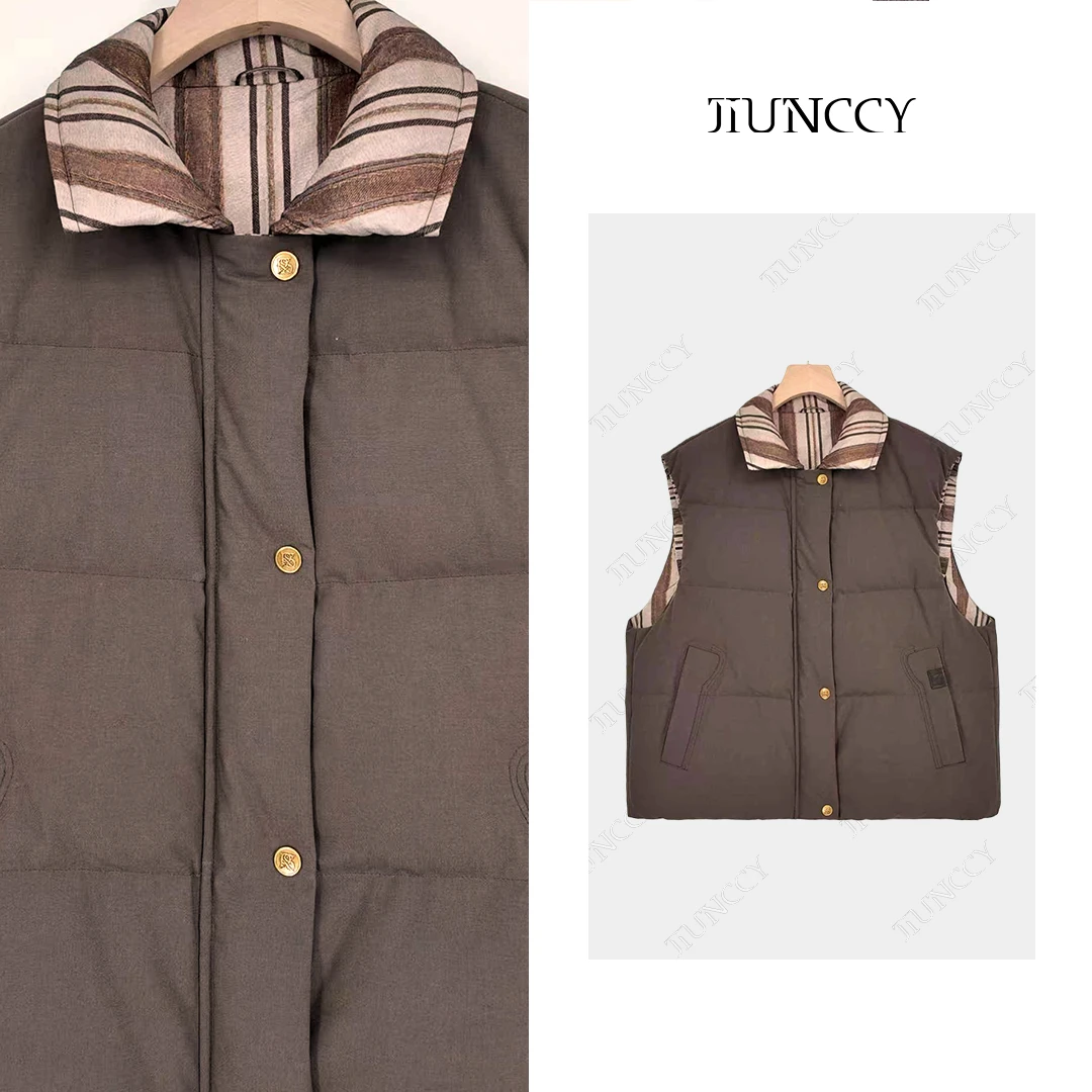 JIUNCCY【温煦】羊毛混纺90白鹅绒撞条纹翻领拉链羽绒马甲 52YMJ023