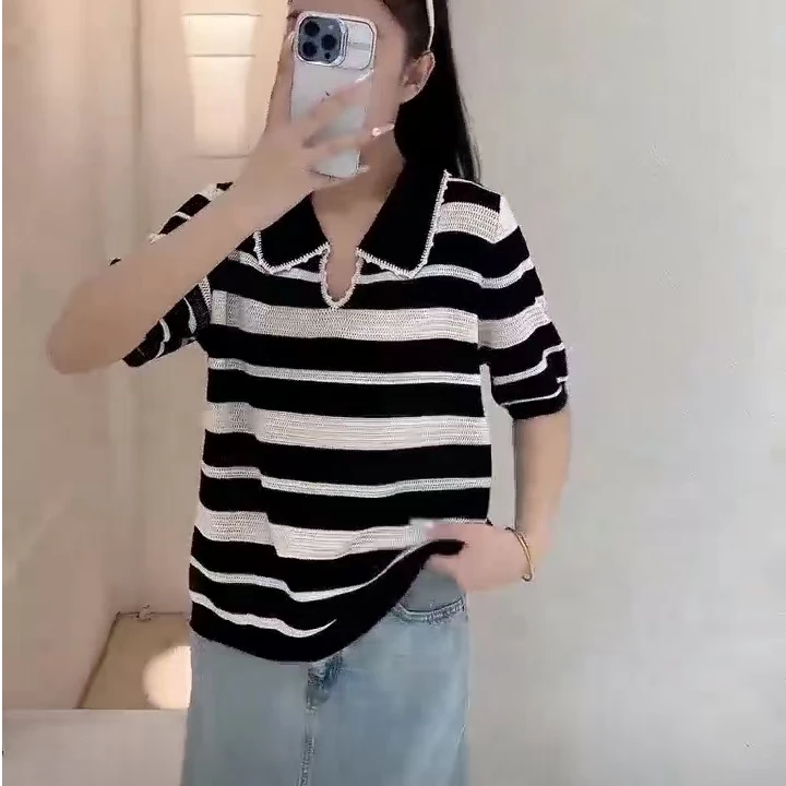 大码毛针织衫polo时尚撞色条纹毛衣条纹撞色冰丝针织衫短袖韩版