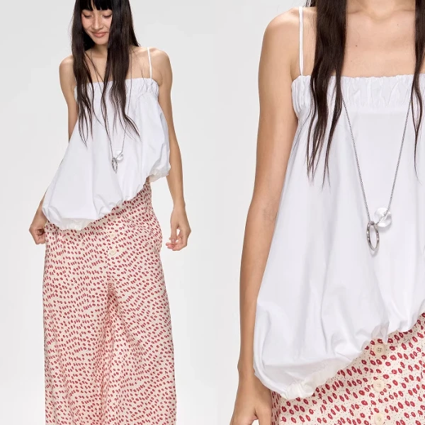 curri and夏季新款美式露背不规则花苞型下摆设计款露背吊带上衣