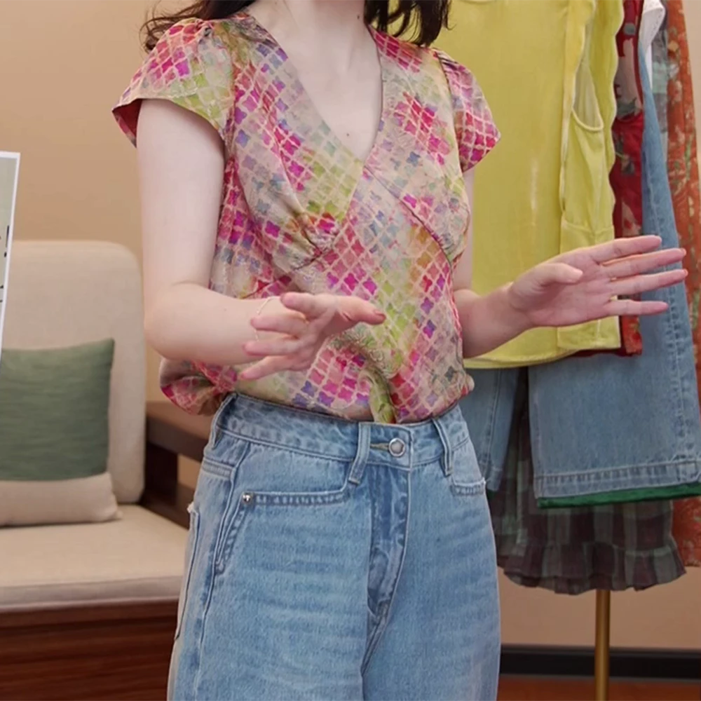夏季新款V领提花宽松彩色四叶草百搭短袖上衣洋气牛仔印花碎花
