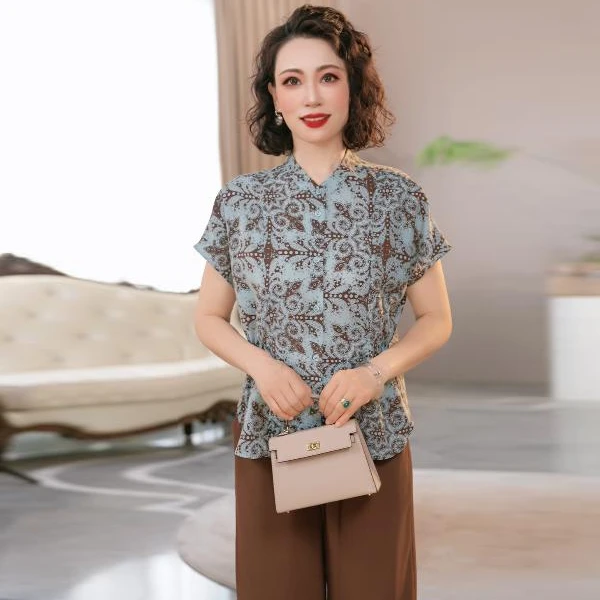 2025新款妈妈装夏季时尚气质中年女装宽松短袖新中式小衫套装女