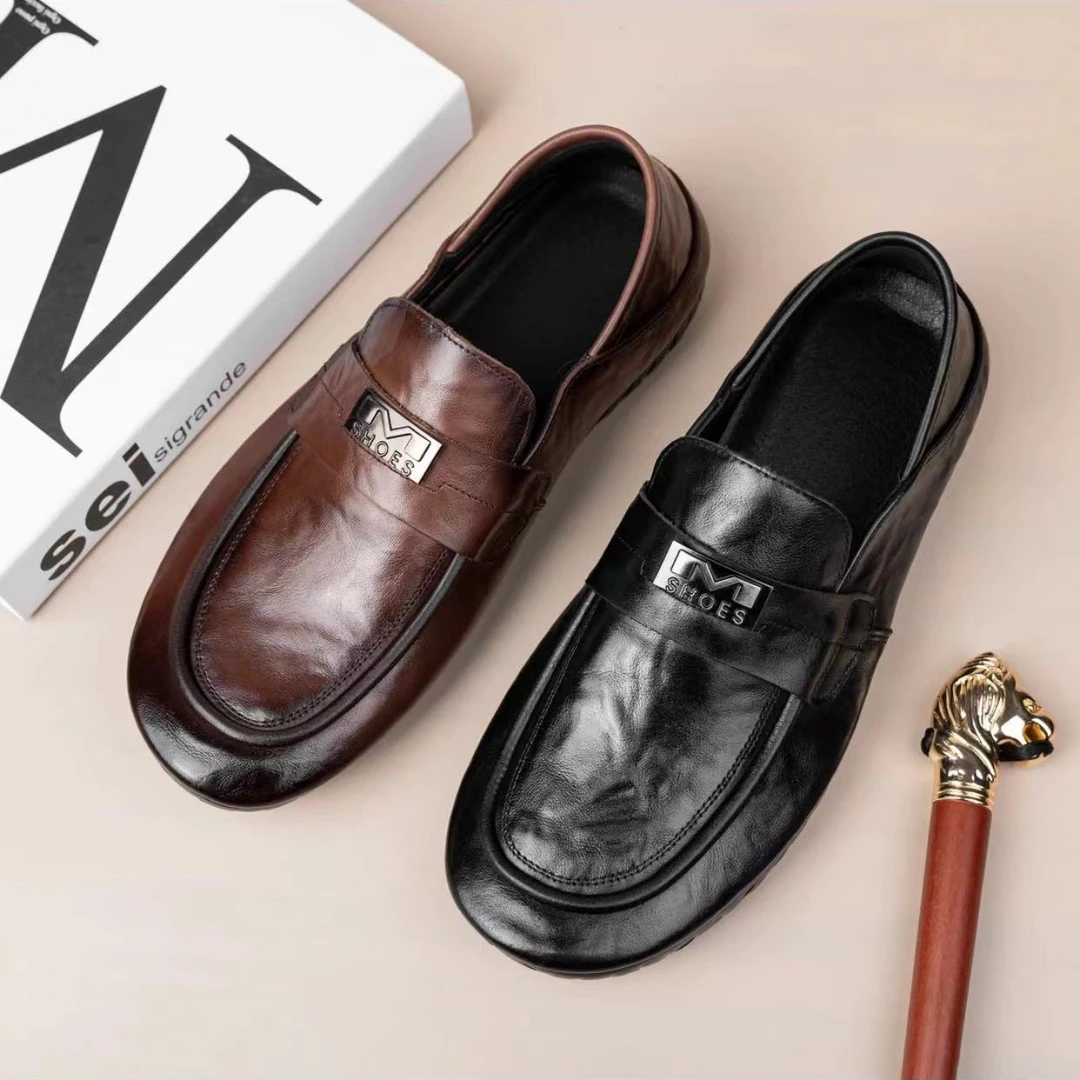 头层牛皮秋季豆豆鞋一脚蹬软底软面懒人鞋百搭男士透气厚底男皮鞋