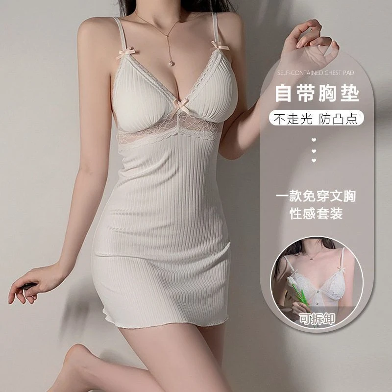 大码内衣蕾丝拼接深V胸垫聚拢轻柔竖纹性感吊带qq小睡裙家居服