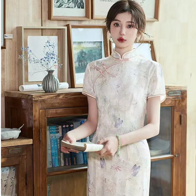 民国风新款中式中长款旗袍女夏季改良日常年轻复古气质少女连衣裙
