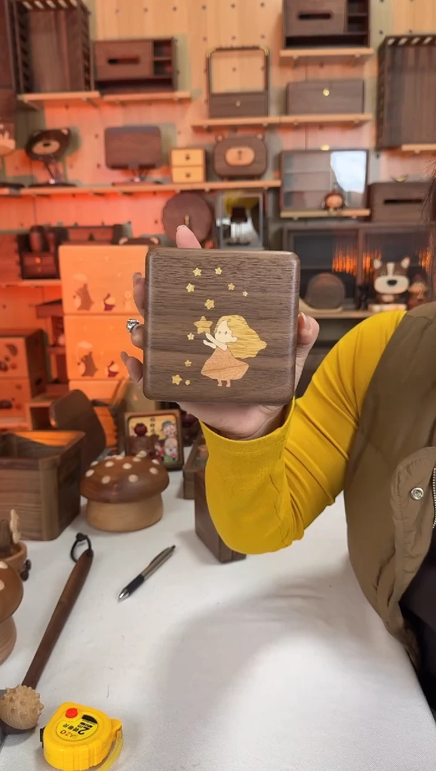 木北美黑胡桃单层镶嵌女孩首饰盒